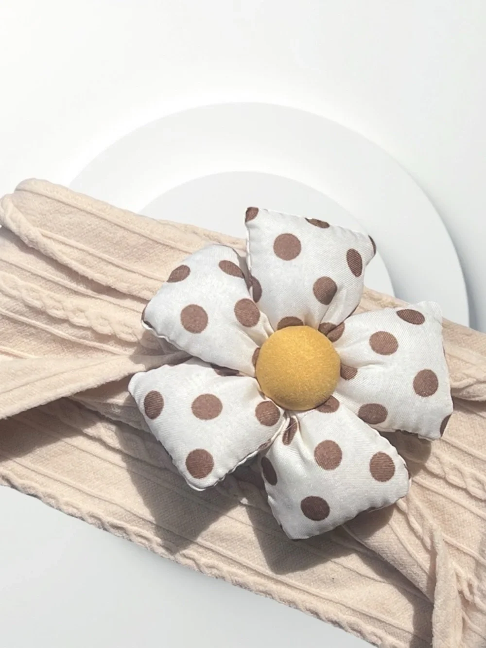 Neutral Polka Dot Flower Headband for Kids - Cream with Brown and Yellow Accent